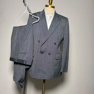 Hunting Horn J. Riggins Suit Mens 40R 32x30 Grey Plaid Double Breasted Vintage